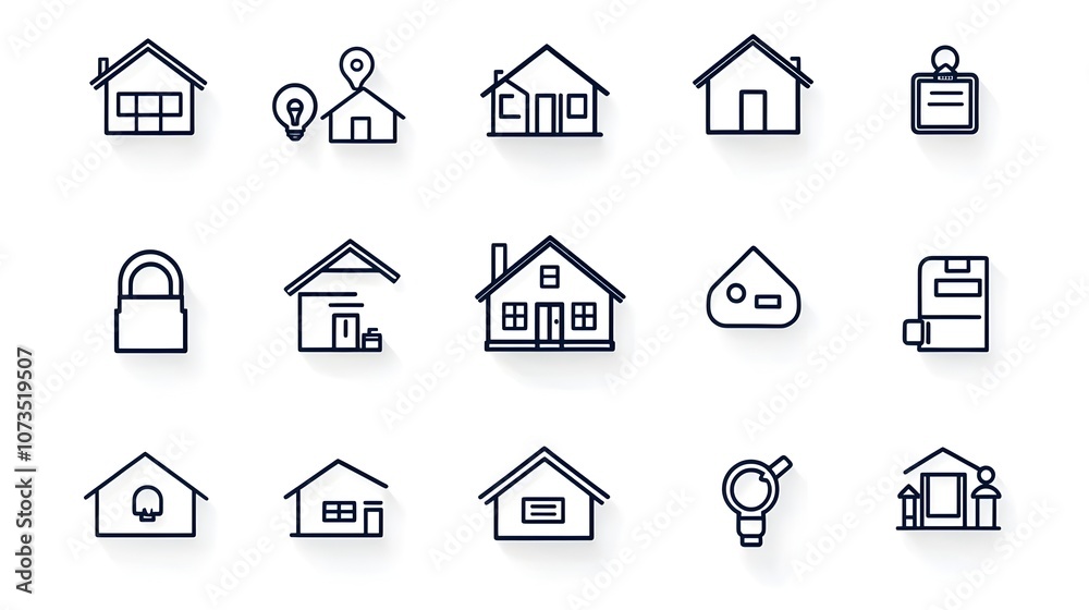 Poster minimalist icons illustrating the key steps and elements of the real estate and mortgage application