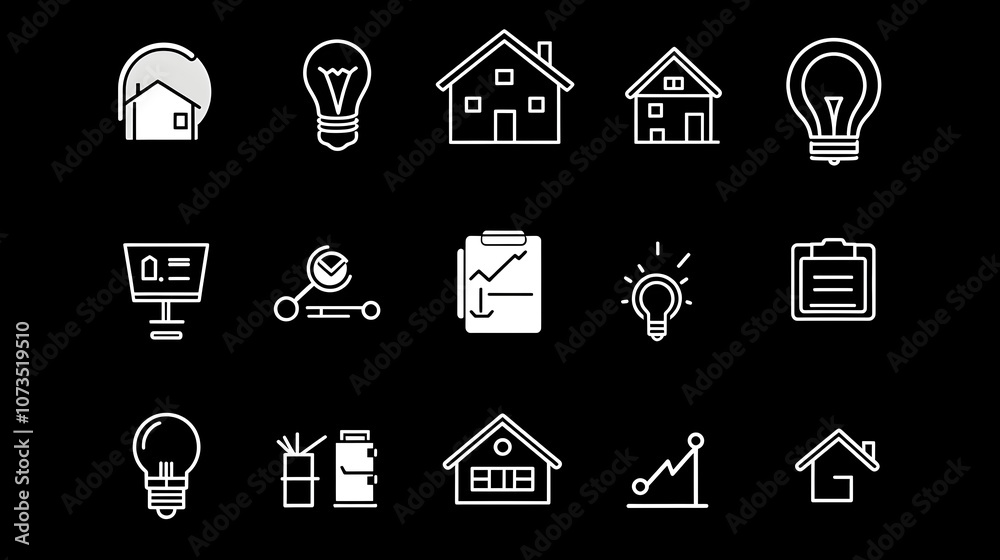 Poster Minimalist icons representing various elements of the real estate and mortgage application process such as a house building property loan finance and more in a simple and abstract geometric style