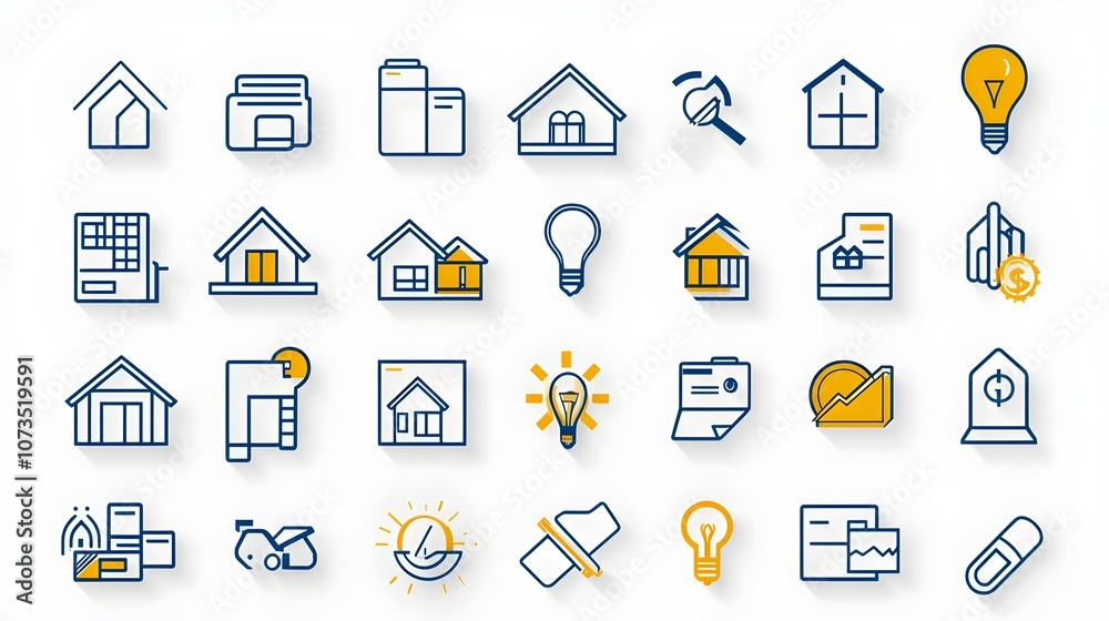 Poster comprehensive collection of home loan and real estate icons featuring bank and contract symbols in f