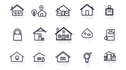 Minimalist icons illustrating the key steps and elements of the real estate and mortgage application process including home buying financing paperwork and more  These simple