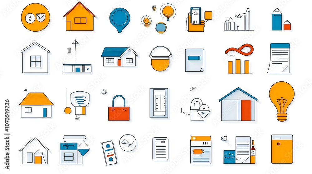 Poster collection of outline icons representing key elements of property appraisal home financing and mortg