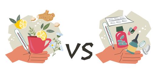 Alternative natural and traditional pharmaceutical remedies to relieve cold and flu symptoms, viral diseases and boost immunity. Natural remedies vs medical treatment banner, flat vector illustration.