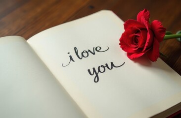 Handwritten inscription, the text "I love you" on a sheet of paper, notebook. Declaration of love. Beautiful flowers lie nearby. Romantic card for Valentine's Day, Mother's Day.