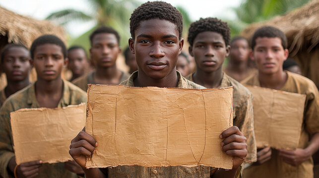 group young men and boys stand united community holding signs advocating protection women and opposing female genital mutilation. Their expressions reflect determination.