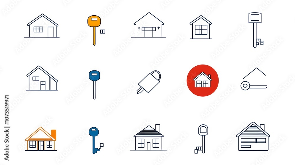Poster comprehensive collection of real estate related line icons including keys contracts house listings r