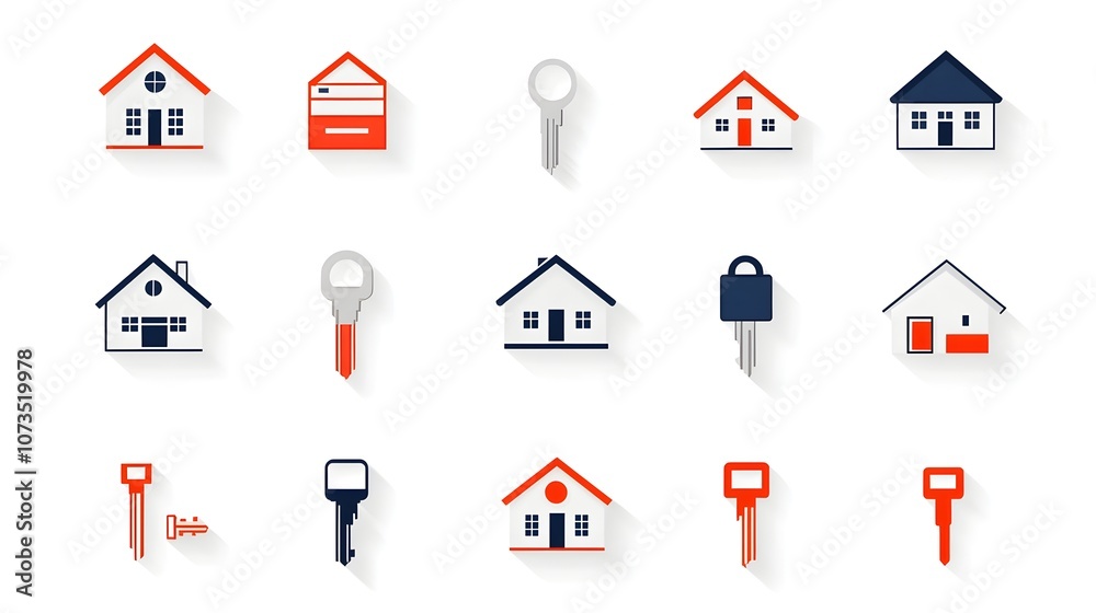 Poster Comprehensive collection of real estate related line icons including keys contracts house listings residential properties and other relevant elements on a clean white background