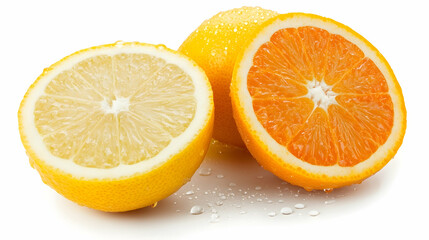 A half lemon and a half orange with water droplets on a white background.