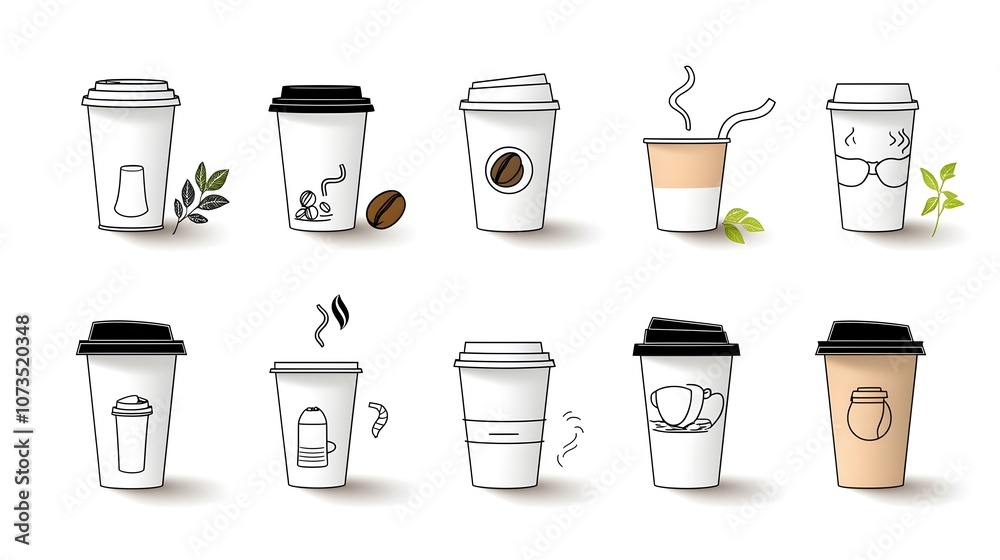 Poster collection of disposable coffee cup line icons with various lid styles in format includes diverse op
