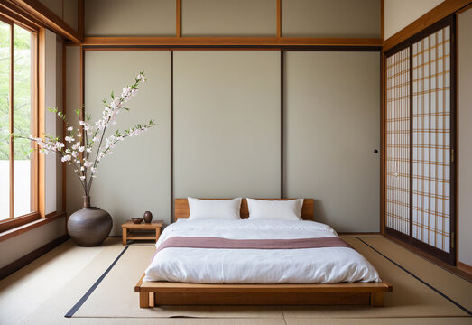 A serene Japanese bedroom with tatami flooring, a low futon bed with a linen duvet and sliding paper doors that let in natural light. The walls are painted in a calming light grey and a single cherry 