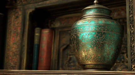 Vintage decorative urn with intricate patterns sitting on a wooden shelf adorned with classic books, showcasing artistry and craftsmanship in a historical setting