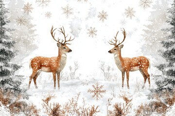 Obraz premium Winter Forest Scene with Deer and Snowflakes on White Background, Watercolor Style