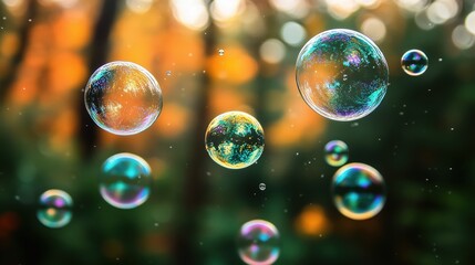 Beautiful bubbles drifting through a green forest, capturing sunlight and creating rainbow reflections.
