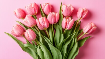 Fototapeta premium A bouquet of delicate pink tulips against a soft pink background.