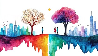 Colorful cityscape balance with trees and people