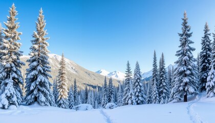 Fototapeta premium Winter Mountain View with Snow-Covered Pines and Snowy Paths Leading into Forest
