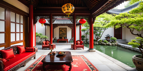 A Chinese living area opening onto a vibrant courtyard with a koi pond, blooming wisteria vines climbing along a stone wall and a traditional pavilion with red columns and a curved roof. 