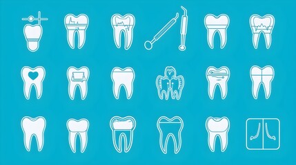 Comprehensive set of 24 dental outline icons featuring tooth extraction gum health x ray images and other medical and healthcare elements for dental clinic dentist office