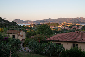 The warm colors of the dusk and a cityscape of Portoferraio hit by the last sun rays of lighht, with cactus plants in the foreground between the houses
