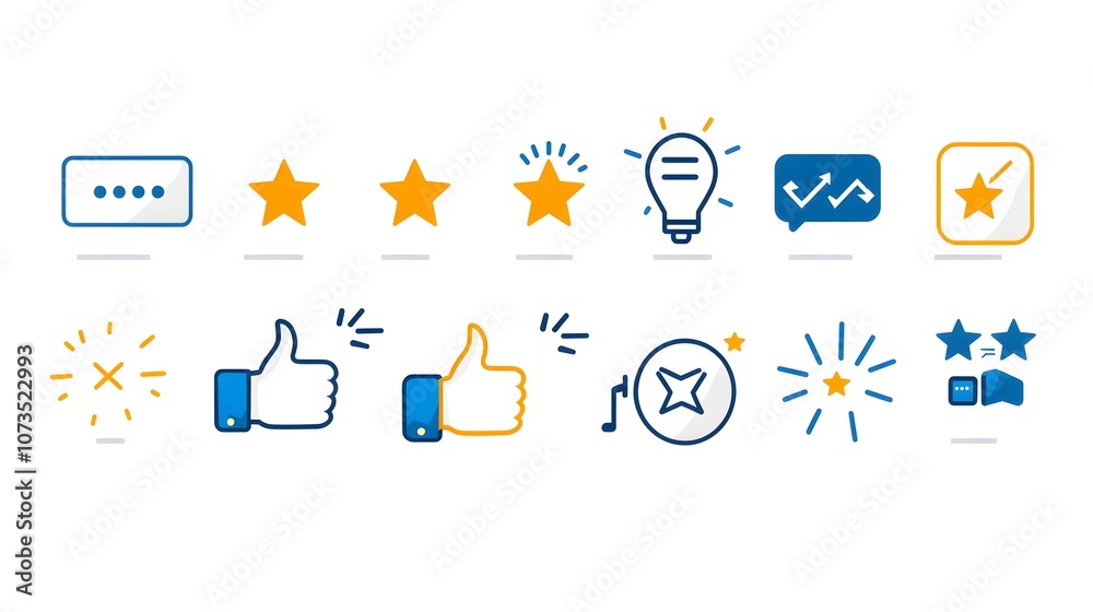 Poster A collection of line icons representing customer satisfaction including thumbs up and down symbols and rating stars on a white background