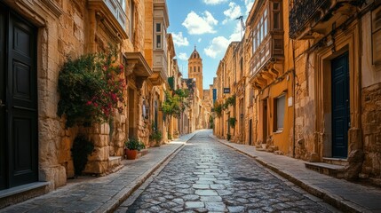 Obraz premium A cobblestone street in a historic European town with buildings on either side and a church tower in the distance.