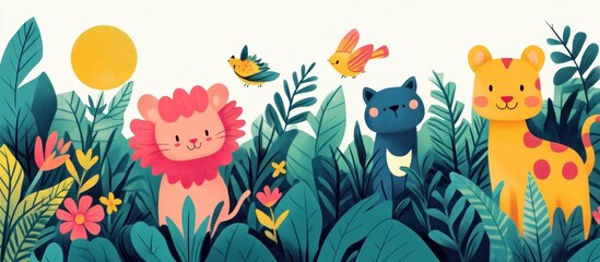 A lion, a cat, a cheetah, and two birds peeking from behind green leaves and flowers.