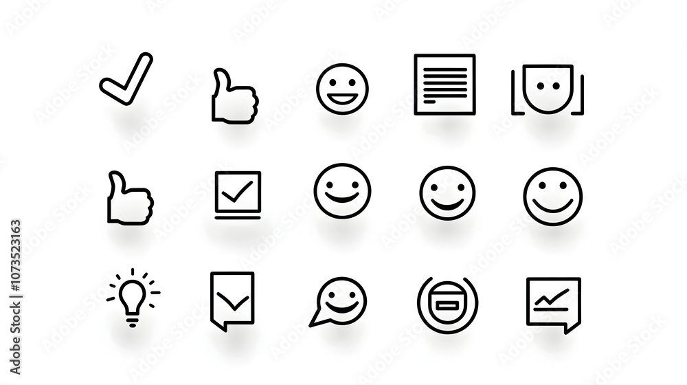 Poster set of cheerful customer satisfaction icons in minimalist line art style featuring happy face thumbs
