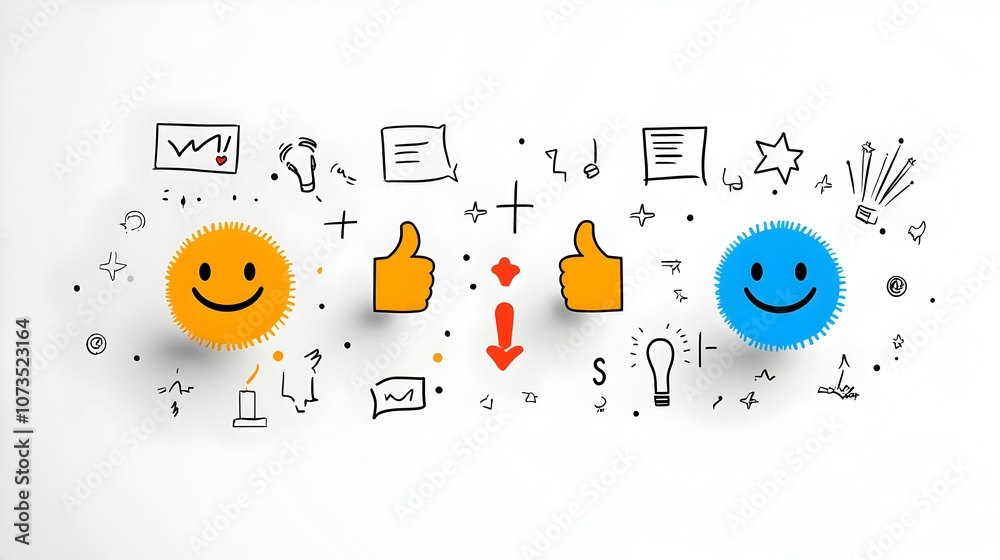 Aufkleber This showcases a collection of customer satisfaction icons and symbols in a modern minimalist line art style  The design features positive elements such as a happy face thumbs up gesture