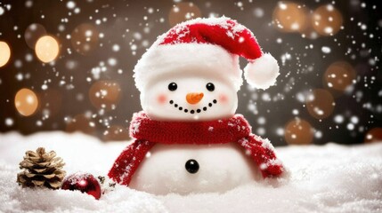 Fototapeta premium Playful snowman in a Santa hat, surrounded by snow, with a joyful winter atmosphere and holiday cheer in the background. --chaos 25 --ar 16:9 --v 6.1 Job ID: 66d22ea6-cb70-4047-8687-b90ba0a4f3bc