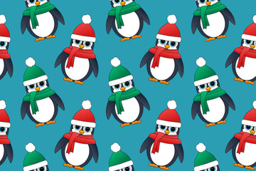 Adorable pattern of penguins in festive hats and scarves, perfect for Christmas and New Years designs, cards, and holiday decor.