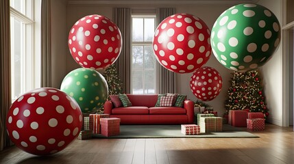 Red and green Christmas balloons with holiday patterns, hovering above a festive room filled with decorations and lights.