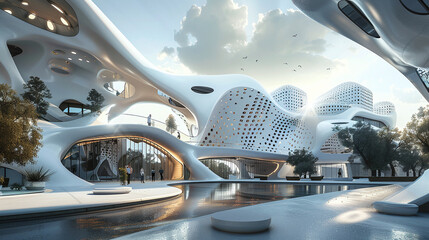 Futuristic architecture featuring organic forms and dynamic spaces in a modern urban setting during daylight hours