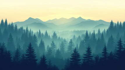 Misty morning in the mountains, with a soft glow of light behind the distant peaks.