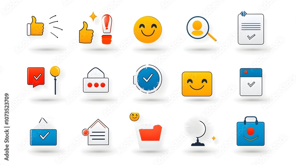 Poster set of customer experience icons in a clean line art style featuring thumbs up happy face and review