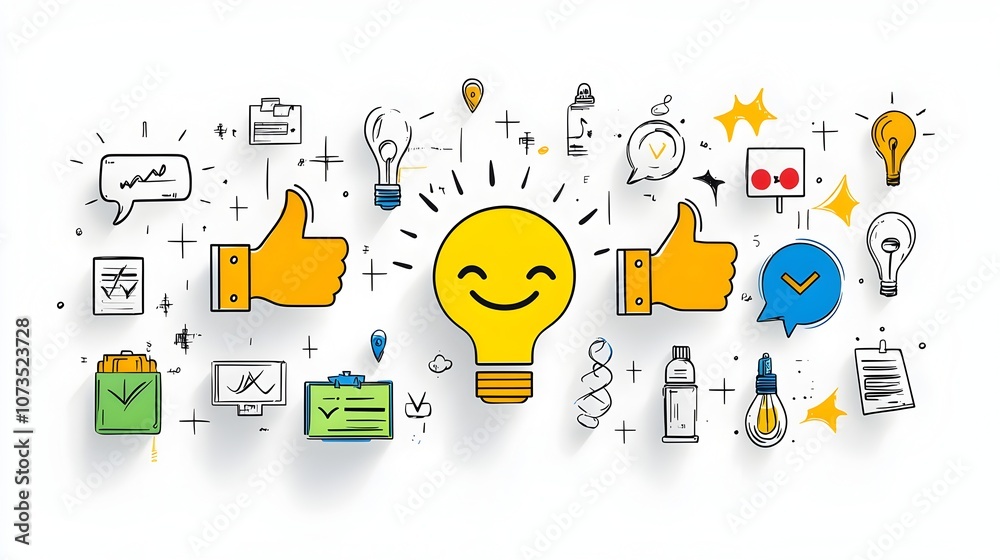 Poster positive customer experience illustrated with line art icons and symbols depicting thumbs up happy f