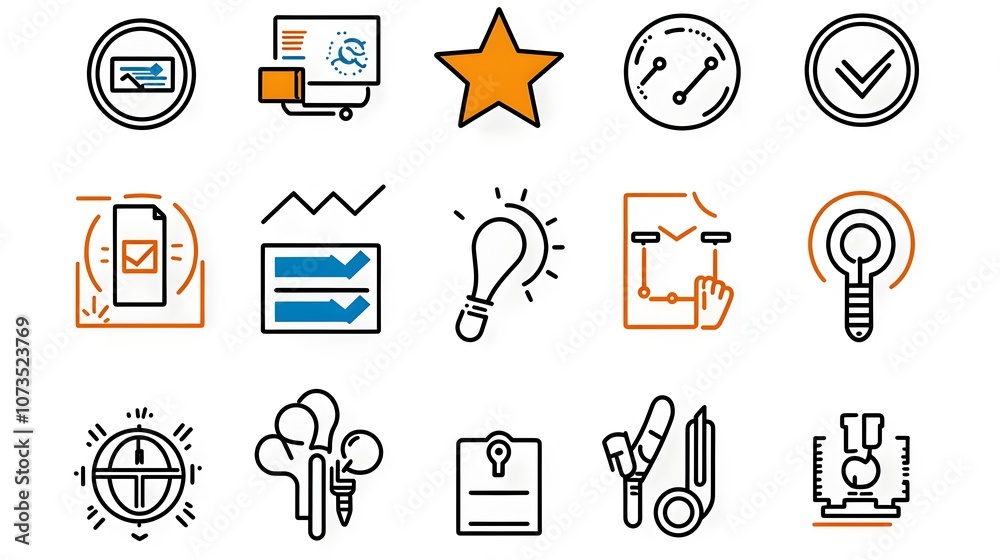 Poster set of outline icons representing client feedback elements such as stars testimonials and rating scales  These icons are designed for use in business marketing