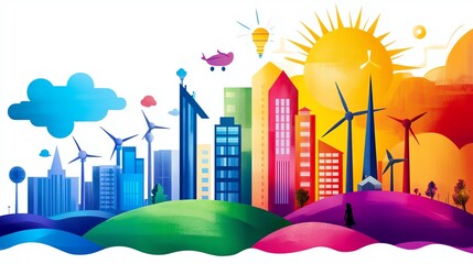 Fototapeta premium Colorful cityscape with wind turbines