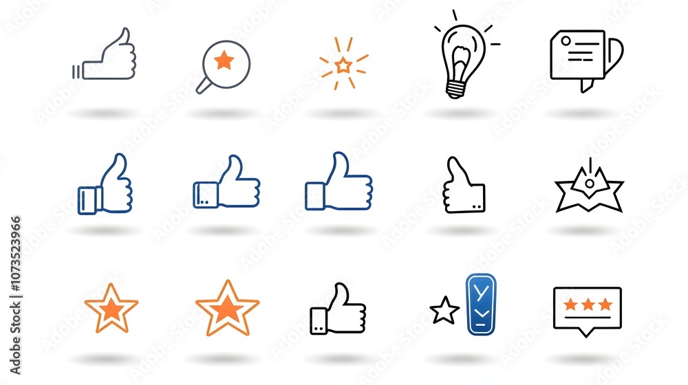 Poster Collection of simple line icon graphics for customer reviews including thumbs up star ratings and testimonial symbols  Ideal for use in web and mobile user interface designs marketing materials