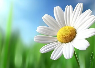 Naklejka premium White flower with a yellow center is in a field of green grass. The flower is the main focus of the image, and the grass serves as a background. Concept of tranquility and natural beauty