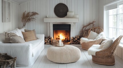 Cozy White Cabin Living Room with Fireplace and Wicker Furniture