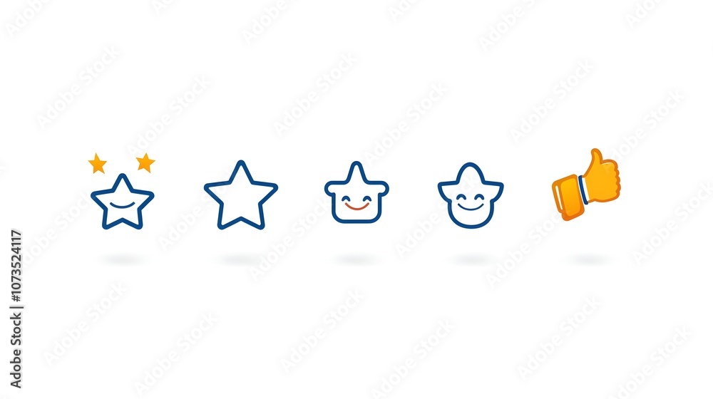 Fototapete Set of linear minimalist feedback icons featuring rating stars thumbs up and happy customer face symbols on a clean white background  These simple vector graphic elements can be used for interfaces