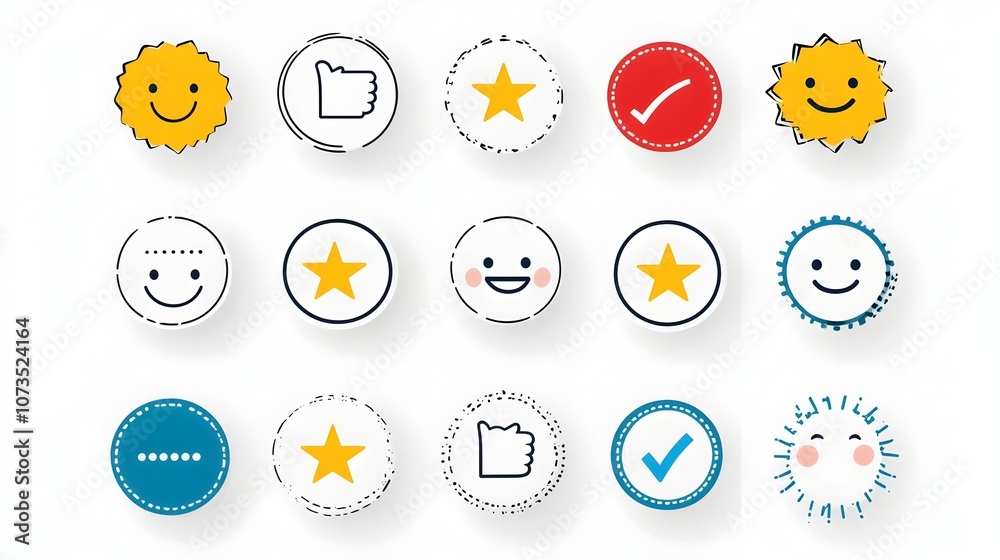 Aufkleber of linear feedback icons featuring rating stars thumbs up and a happy customer face on a simple white background  These elements can be used for web design user interface app development