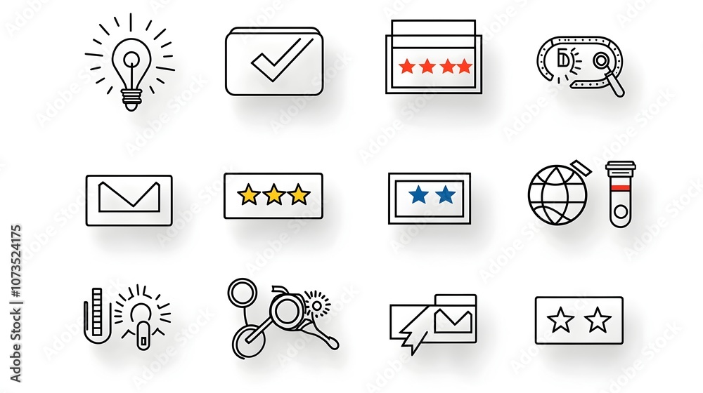 Leinwandbilder Set of outline icons and design elements for measuring and visualizing customer experience satisfaction levels feedback and reviews  Includes star ratings comment boxes