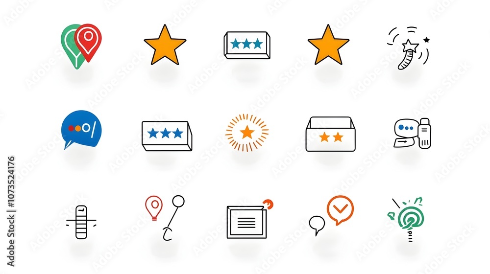 Poster Set of minimalist outline icons representing various customer experience and satisfaction metrics such as star ratings comment boxes and satisfaction level indicators