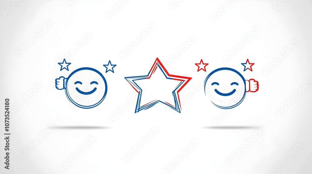 Poster Set of linear icons featuring rating stars thumbs up and a happy customer face symbol on a white background  Representing customer feedback evaluation and satisfaction in a clean