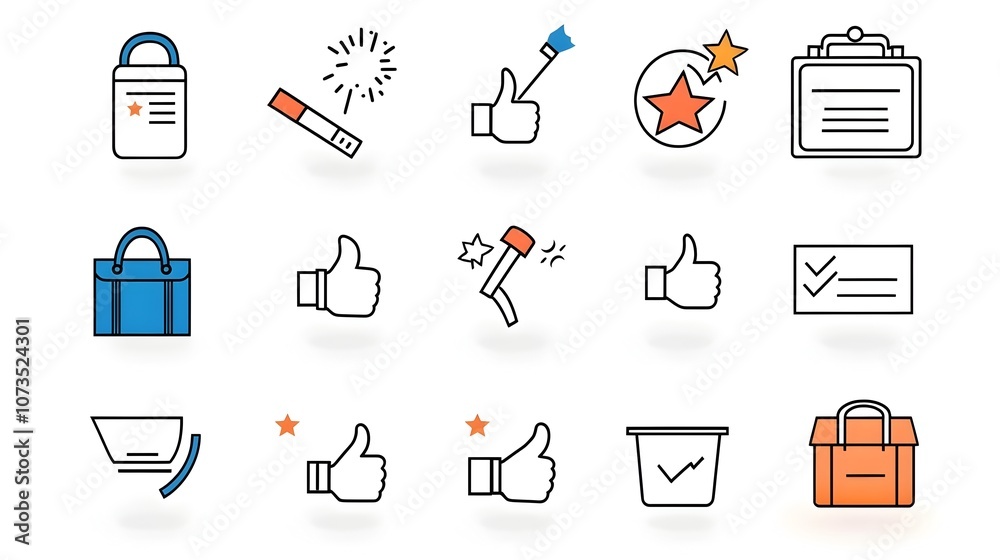 Poster Collection of customer satisfaction icons and symbols in line art style including feedback stars thumbs up and survey symbols  Ideal for web design user interface data visualization