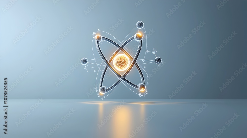 Poster futuristic atom featuring glowing particles and sleek design elements perfect for scientific and edu