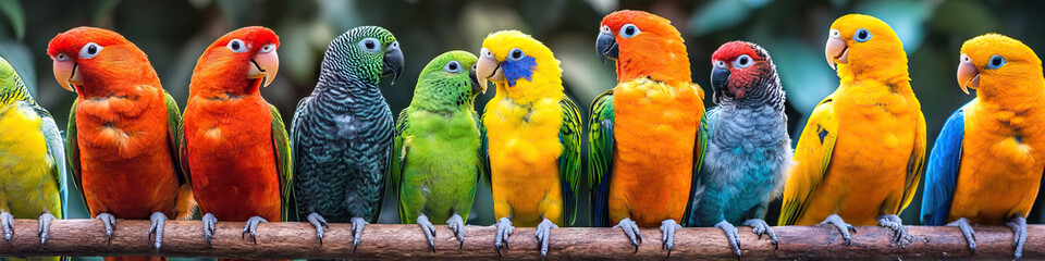 A colorful array of exotic birds at a pet store.