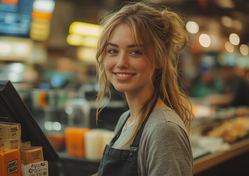 Smiling cashier in a grocery store
