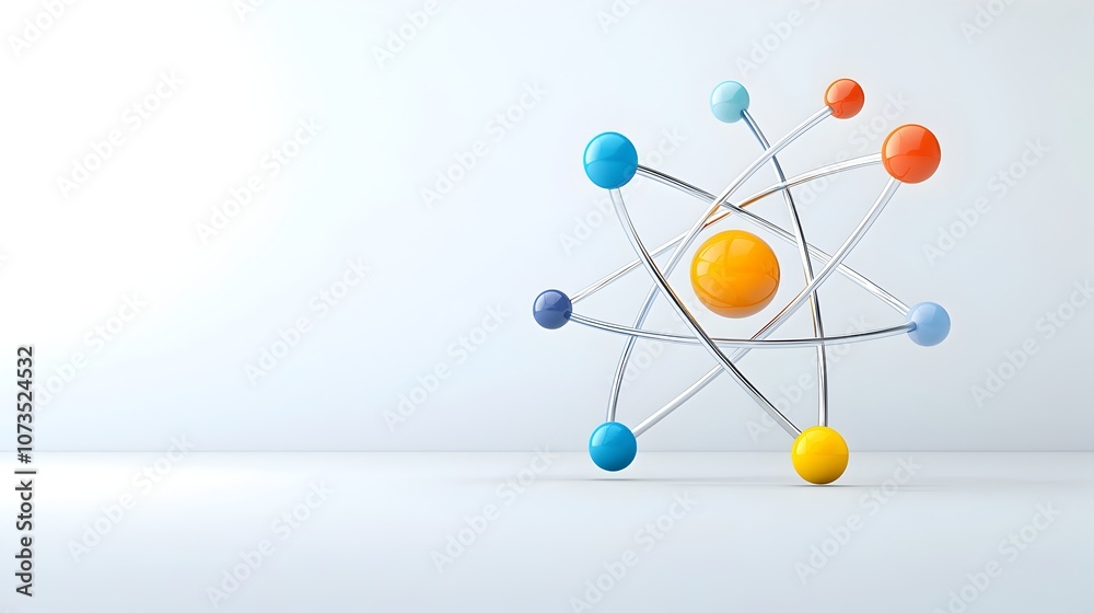 Fototapete Stunning 3D showcasing the detailed structure of an atom with a vibrant and colorful display of electron orbits surrounding a focused nuclear core  This clean