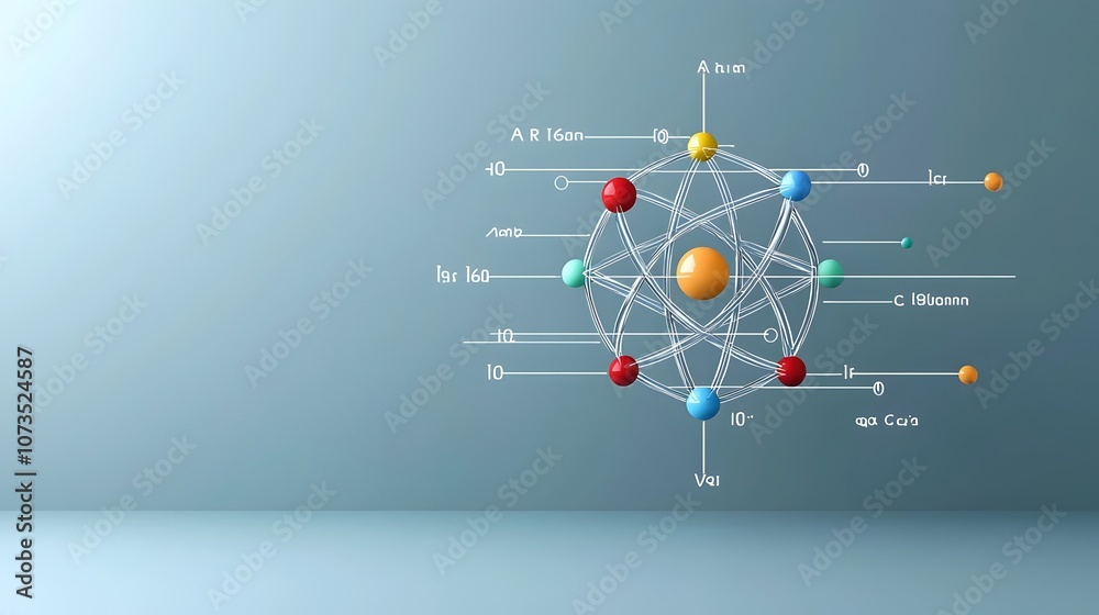 Poster Detailed 3D depicting the intricate structure of an atom showcasing the colorful electron orbits surrounding a focused nuclear core